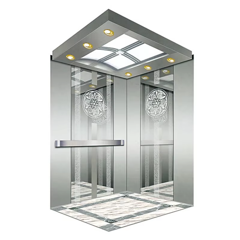 Cabine do elevador de passageiros VTSP130 para hotéis com acabamento em LED de teto decorativo de construção em aço inoxidável com garantia de 1 ano
