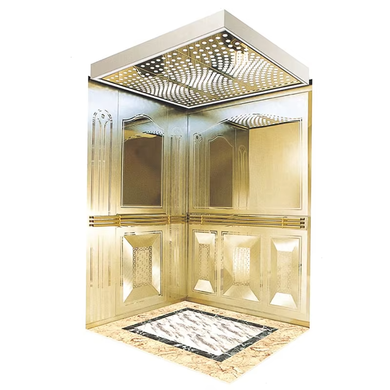 Cabine de elevador comercial moderna VTSP131 com piso antiderrapante de baixo ruído em aço inoxidável e painéis de LED
