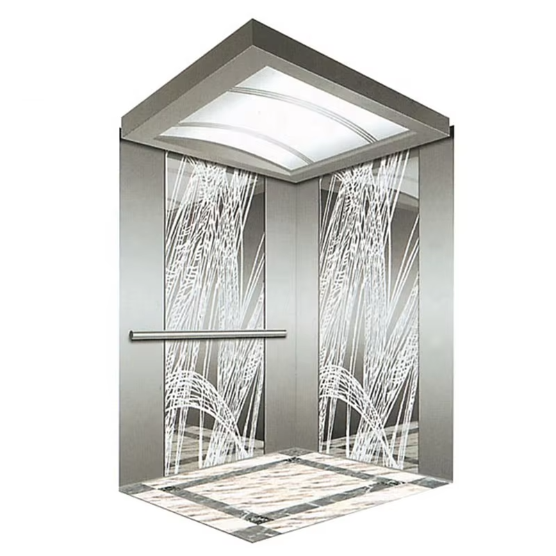 Cabine de elevador comercial moderna VTSP131 com piso antiderrapante de baixo ruído em aço inoxidável e painéis de LED