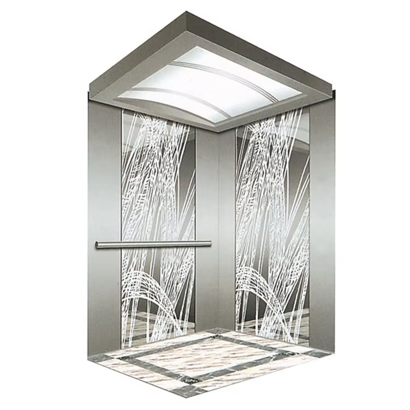 Cabine de elevador comercial moderna VTSP131 com piso antiderrapante de baixo ruído em aço inoxidável e painéis de LED